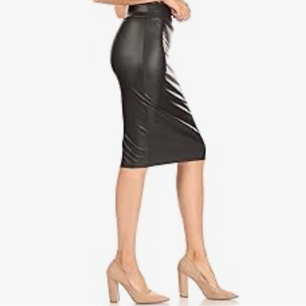 SIMLU Black Faux Leather Midi Pencil Skirt Very Stretchy High Waist Office M EUC - Picture 2 of 15